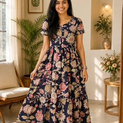 Yellow Floral Tiered Midi Dress for Women – Printed Cotton Dress with Puff Sleeves