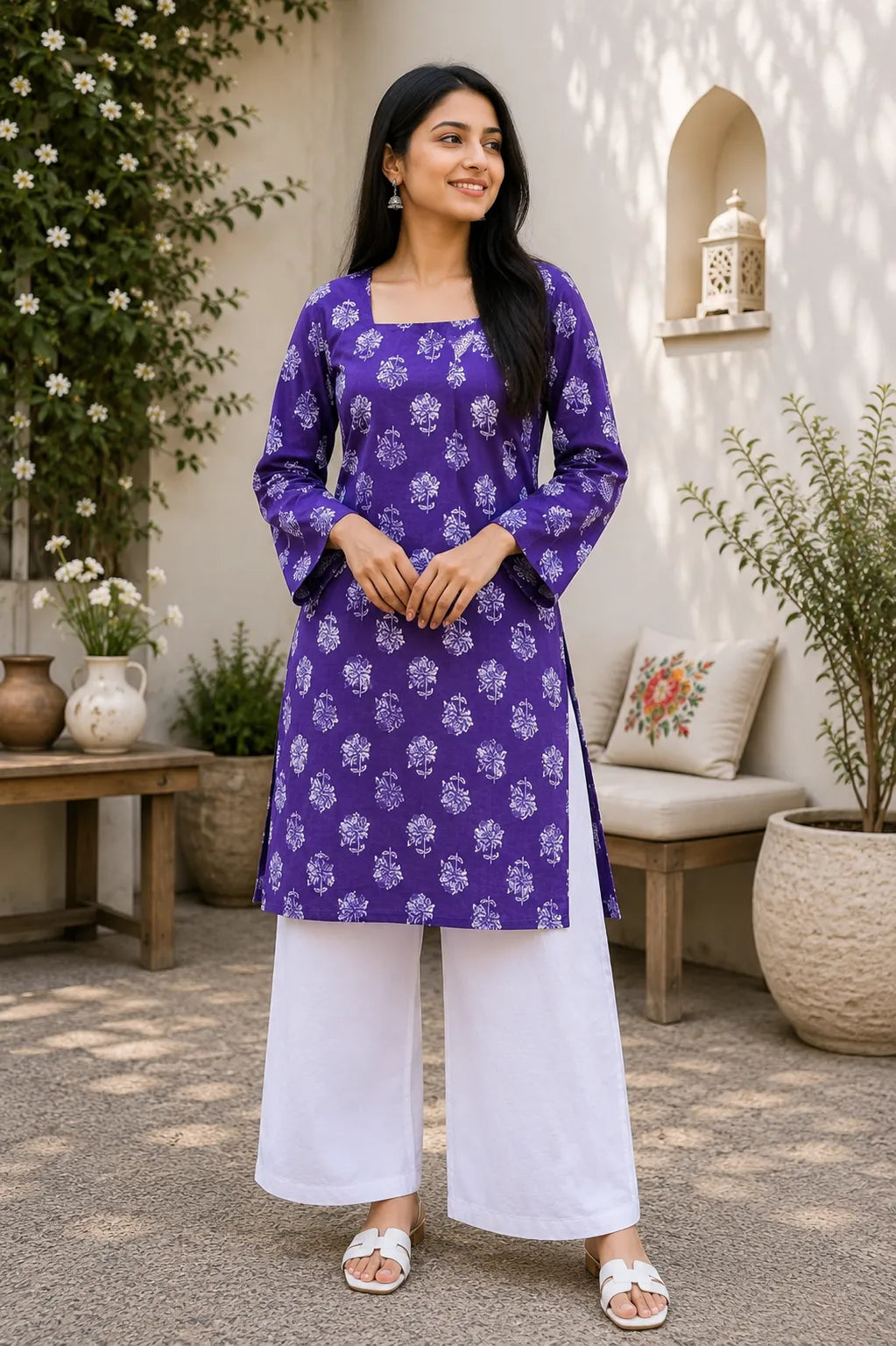 Purple Floral Printed Kurti for Women – Square Neck Cotton Ethnic Tunic