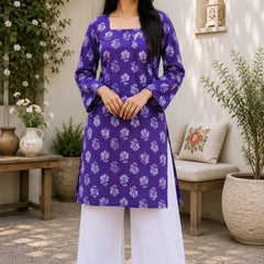 Purple Floral Printed Kurti for Women – Square Neck Cotton Ethnic Tunic