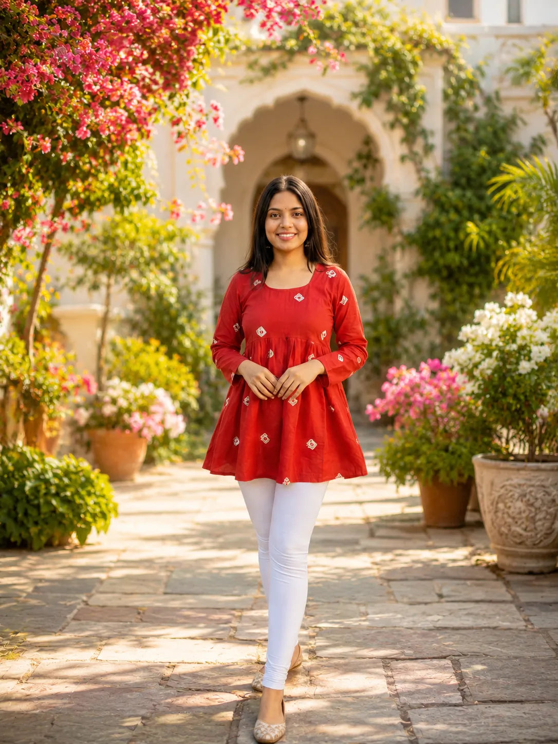 Red Printed Cotton Anarkali Kurti for Women – Flared Ethnic Tunic