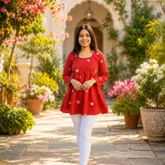 Red Printed Cotton Anarkali Kurti for Women – Flared Ethnic Tunic