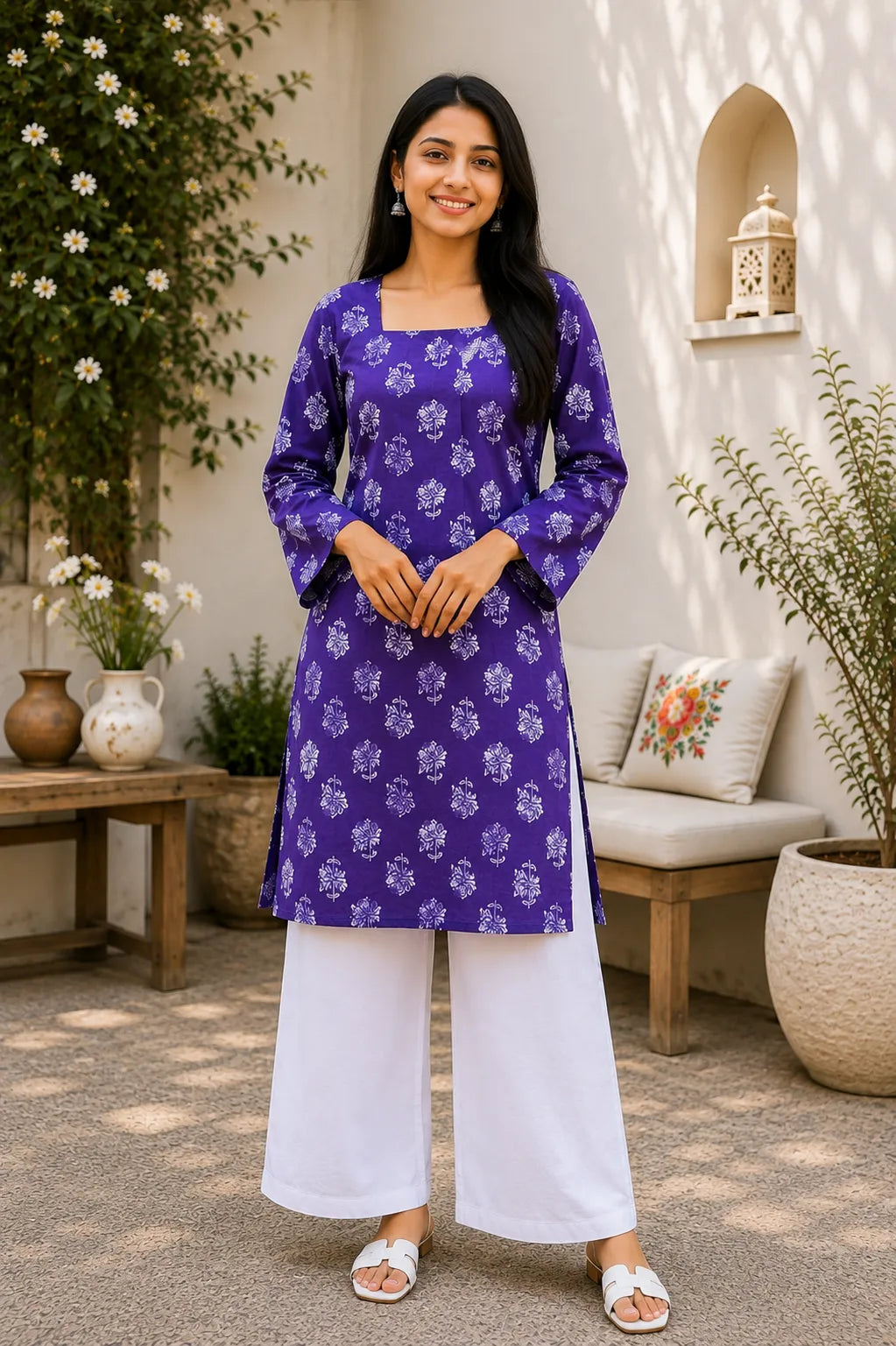 Purple Floral Printed Kurti for Women – Square Neck Cotton Ethnic Tunic