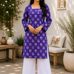 Purple Floral Printed Kurti for Women – Square Neck Cotton Ethnic Tunic