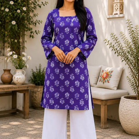Purple Floral Printed Kurti for Women – Square Neck Cotton Ethnic Tunic