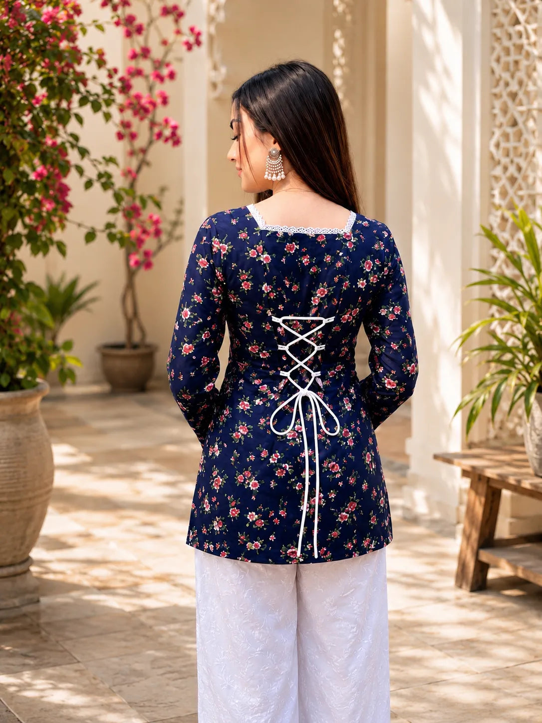 Women’s Printed Kurti with Square Neck & Lace Detail