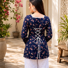Women’s Printed Kurti with Square Neck & Lace Detail