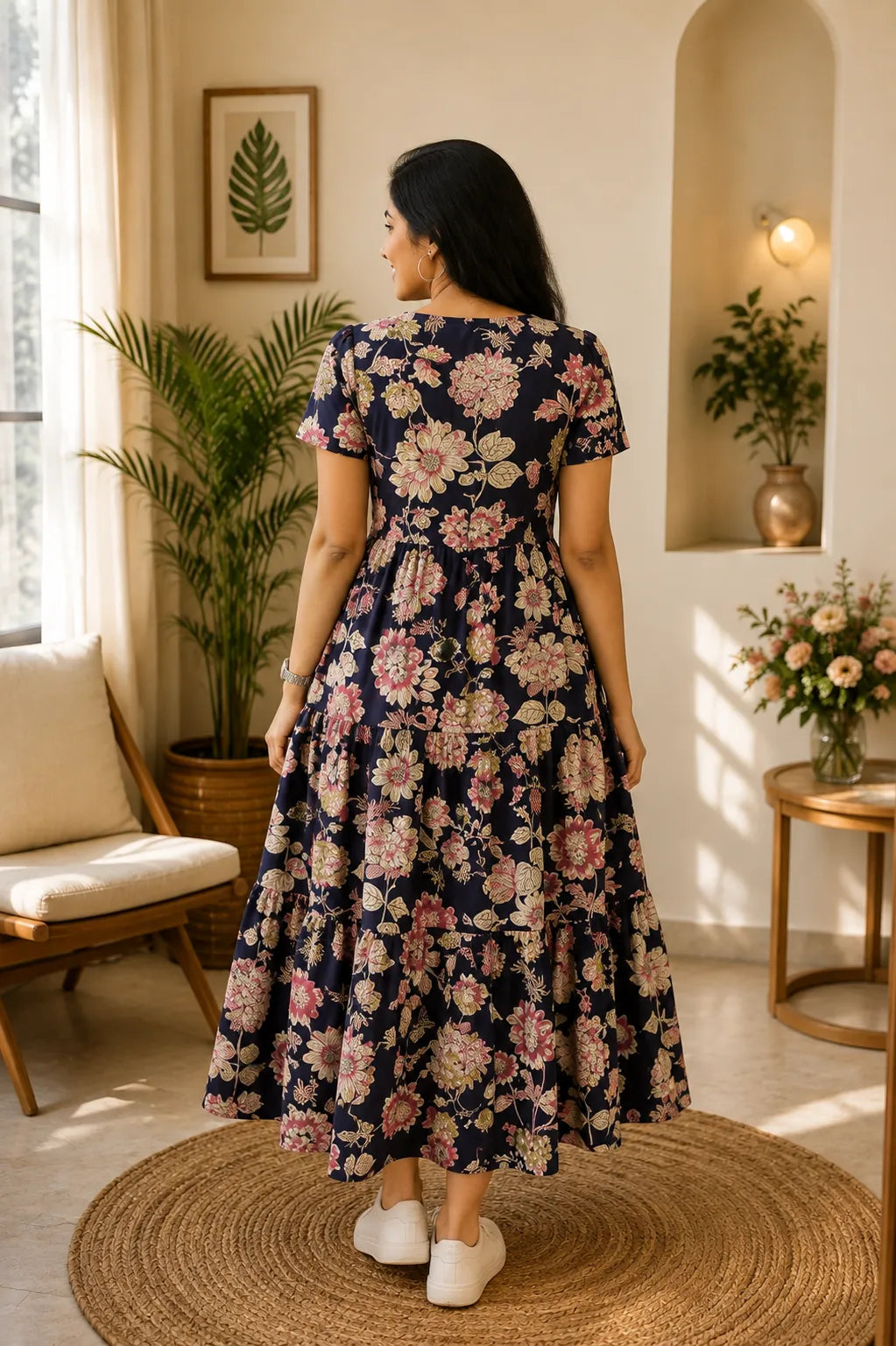 Yellow Floral Tiered Midi Dress for Women – Printed Cotton Dress with Puff Sleeves