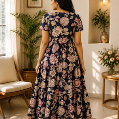 Yellow Floral Tiered Midi Dress for Women – Printed Cotton Dress with Puff Sleeves