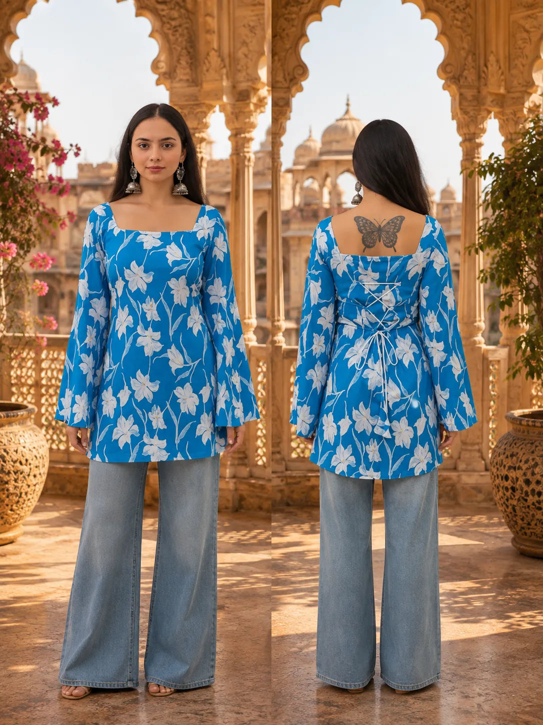 Women’s Floral Printed Kurti with Flared Sleeves