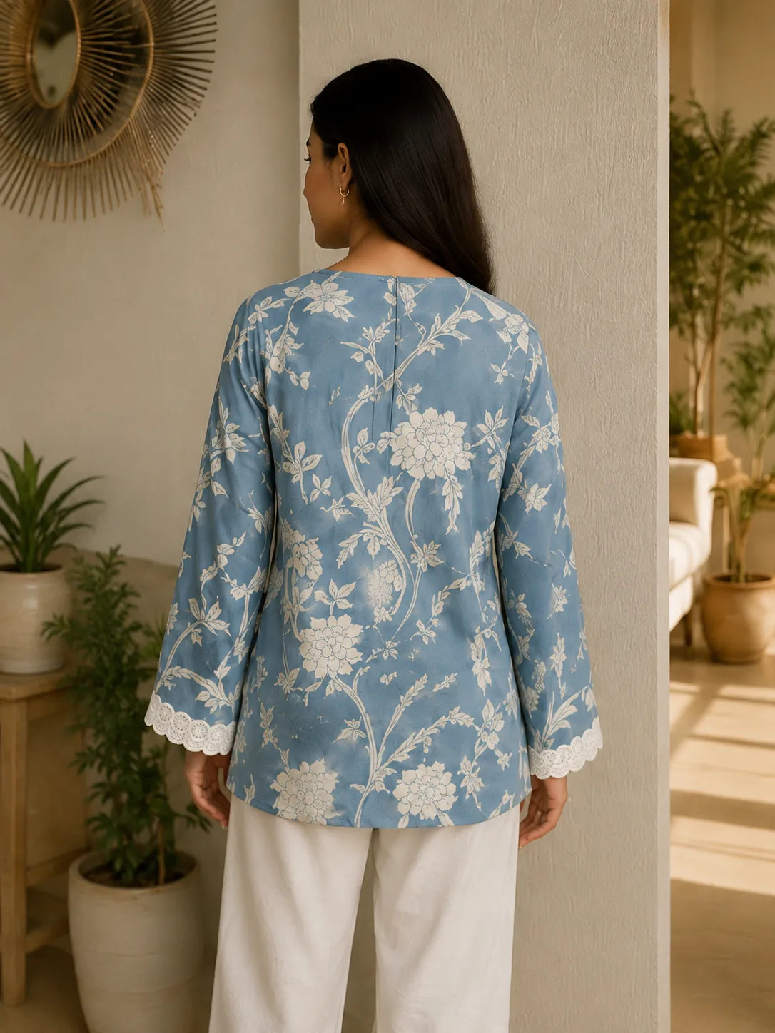 Women's Sky Blue Floral Printed Kurta with Lace Sleeves
