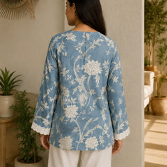 Women's Sky Blue Floral Printed Kurta with Lace Sleeves