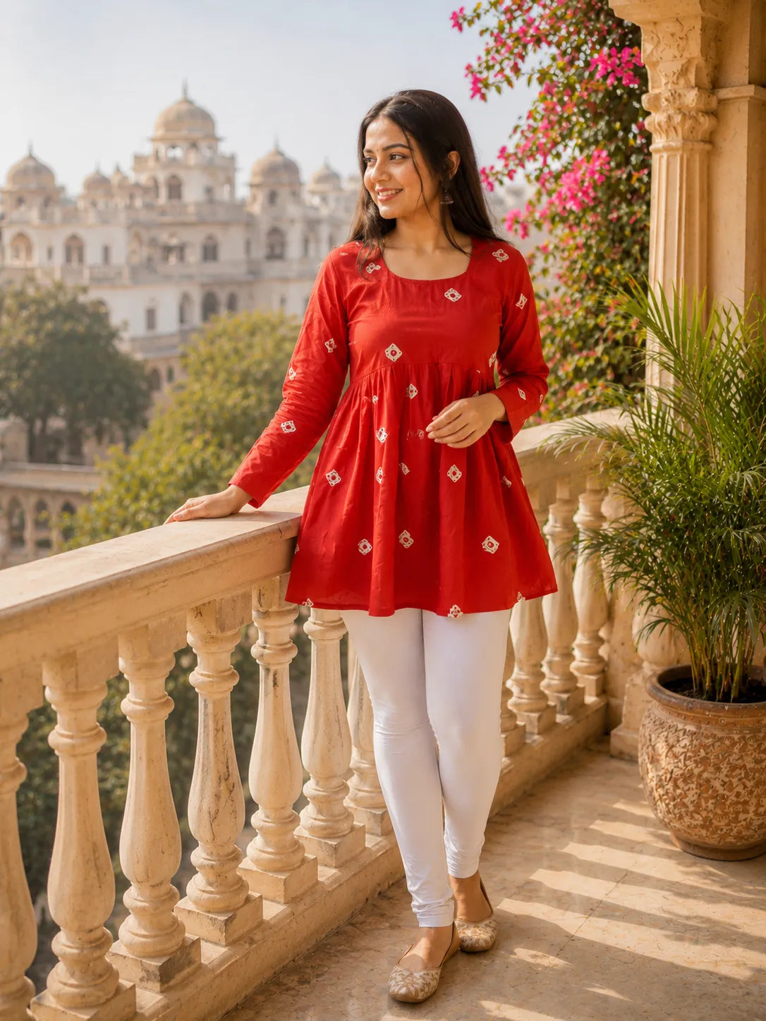 Red Printed Cotton Anarkali Kurti for Women – Flared Ethnic Tunic