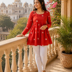 Red Printed Cotton Anarkali Kurti for Women – Flared Ethnic Tunic