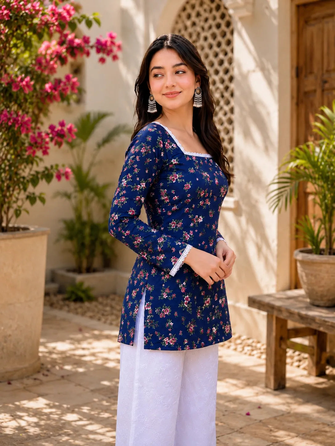 Women’s Printed Kurti with Square Neck & Lace Detail