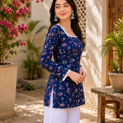 Women’s Printed Kurti with Square Neck & Lace Detail