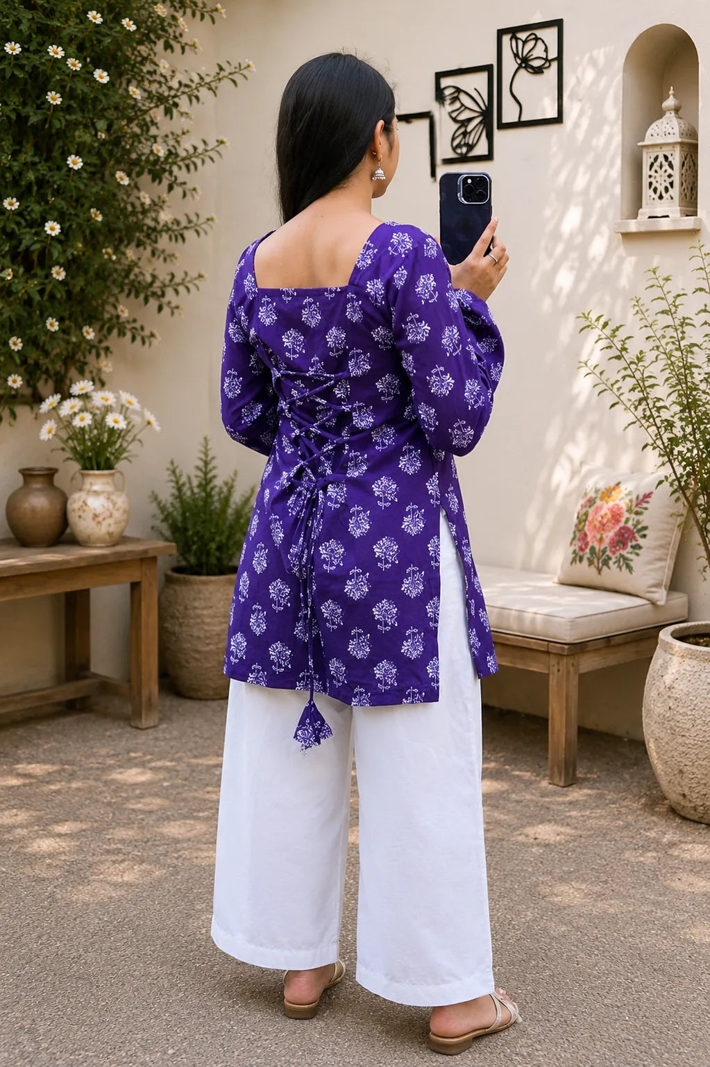 Purple Floral Printed Kurti for Women – Square Neck Cotton Ethnic Tunic