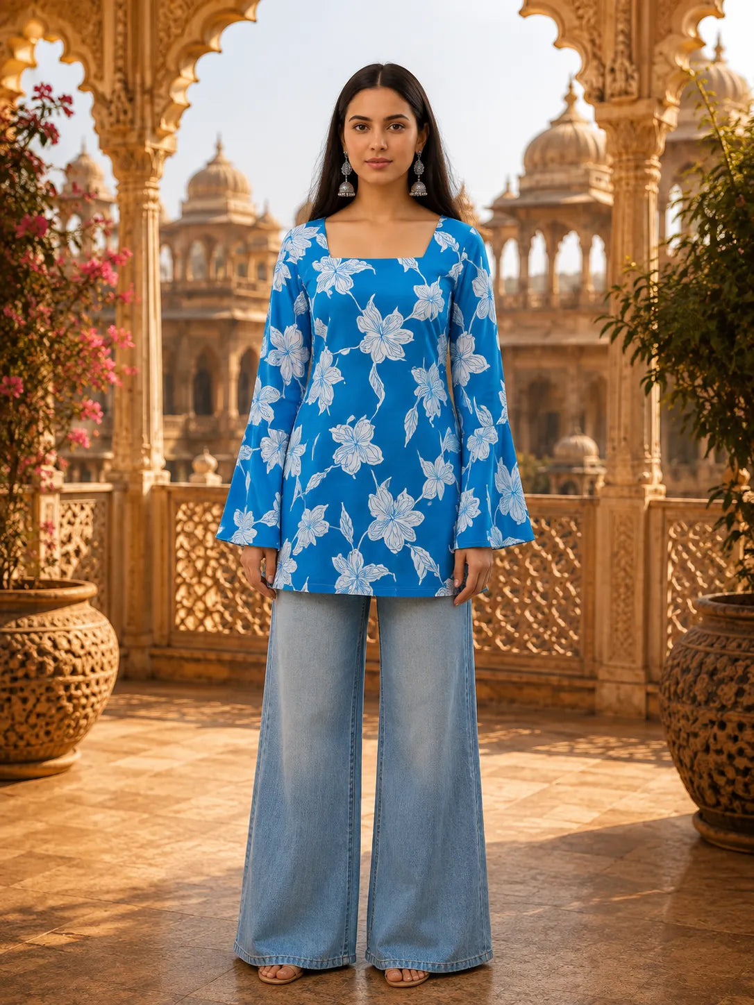Women’s Floral Printed Kurti with Flared Sleeves