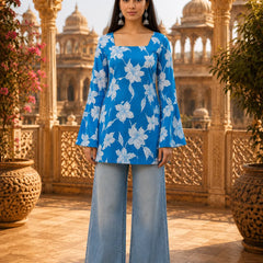 Women’s Floral Printed Kurti with Flared Sleeves