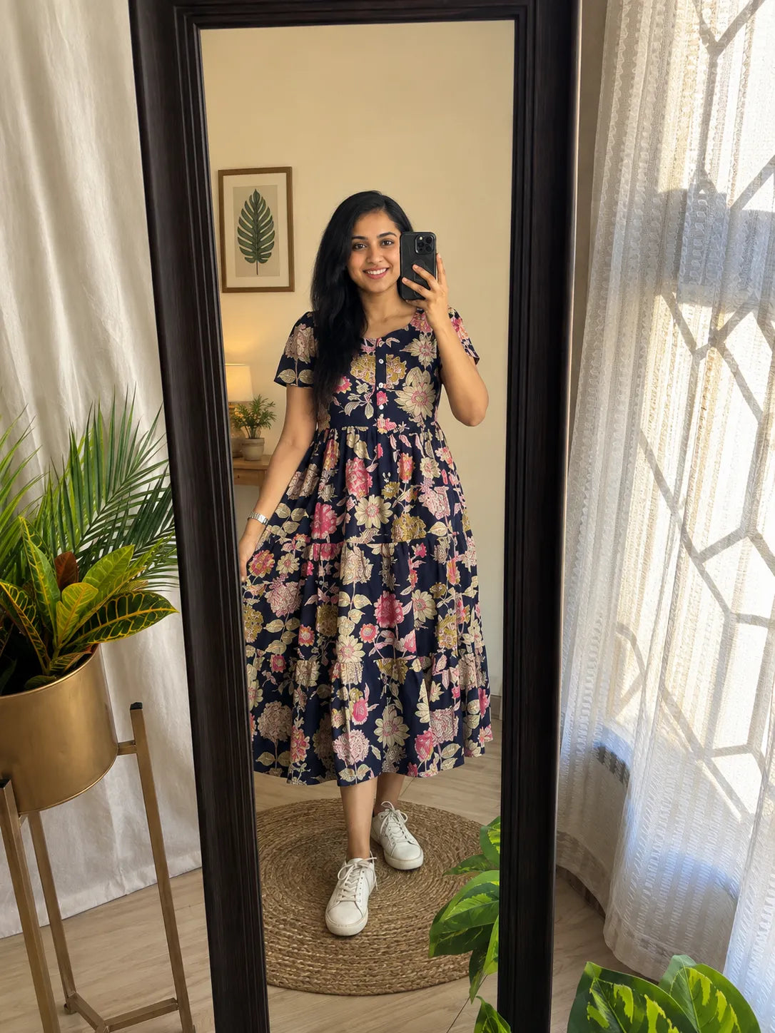 Yellow Floral Tiered Midi Dress for Women – Printed Cotton Dress with Puff Sleeves