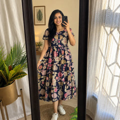 Yellow Floral Tiered Midi Dress for Women – Printed Cotton Dress with Puff Sleeves