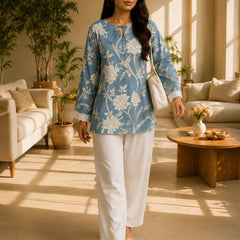 Women's Sky Blue Floral Printed Kurta with Lace Sleeves