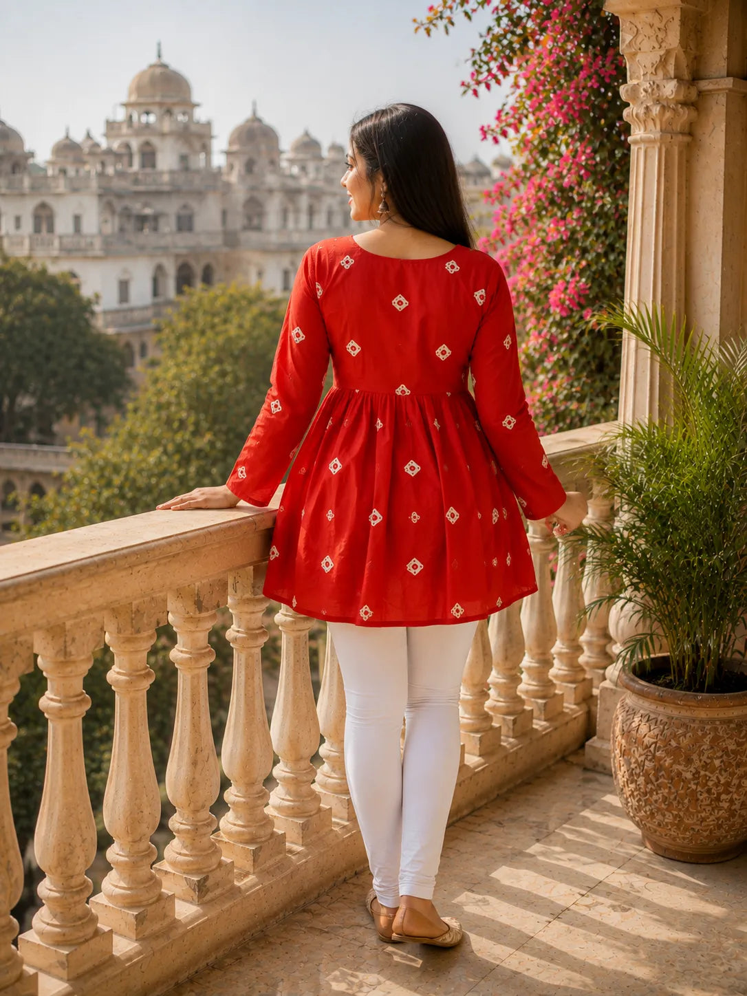 Red Printed Cotton Anarkali Kurti for Women – Flared Ethnic Tunic