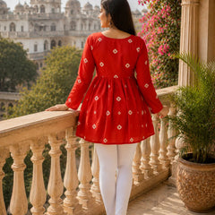 Red Printed Cotton Anarkali Kurti for Women – Flared Ethnic Tunic