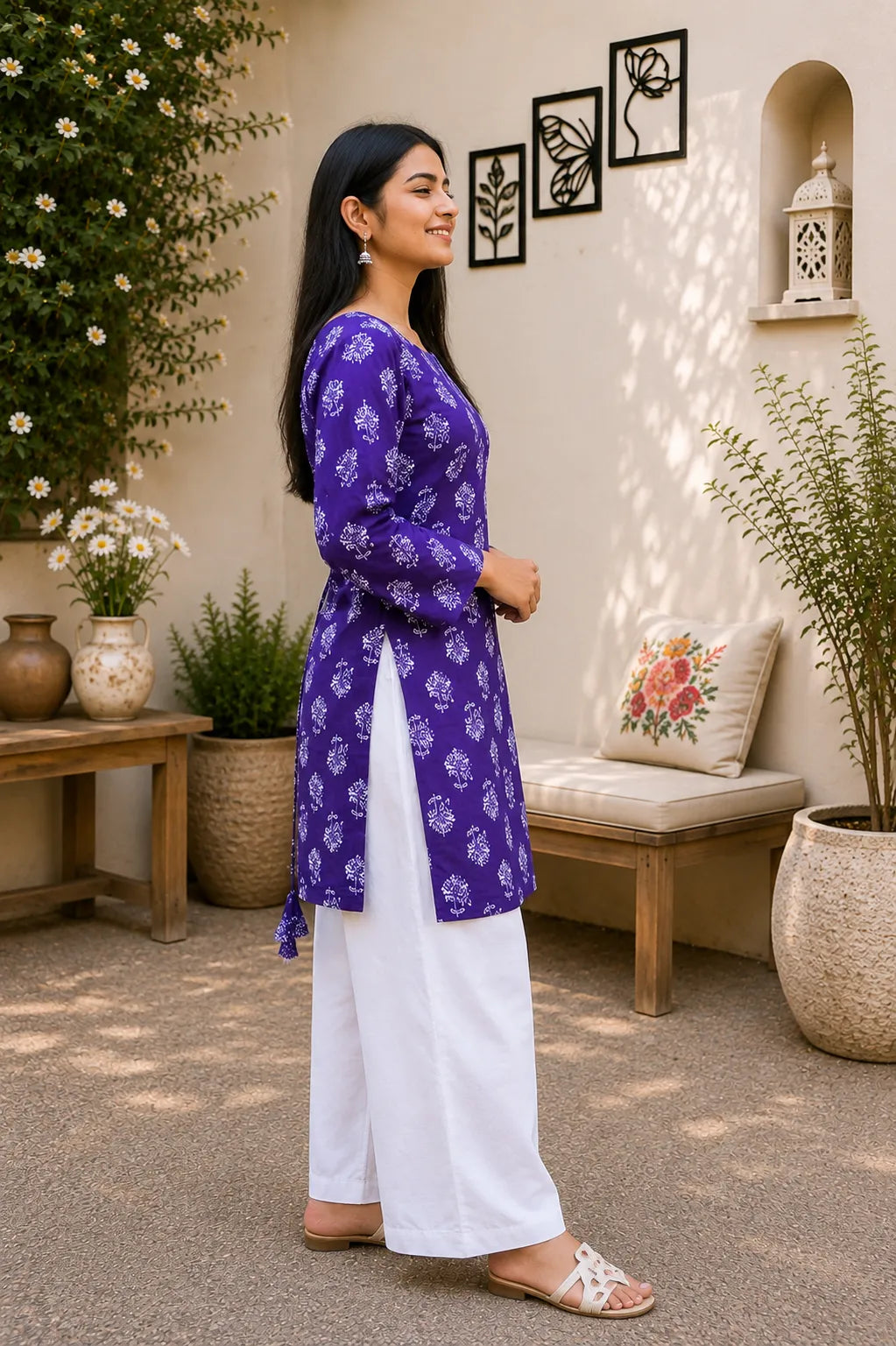 Purple Floral Printed Kurti for Women – Square Neck Cotton Ethnic Tunic