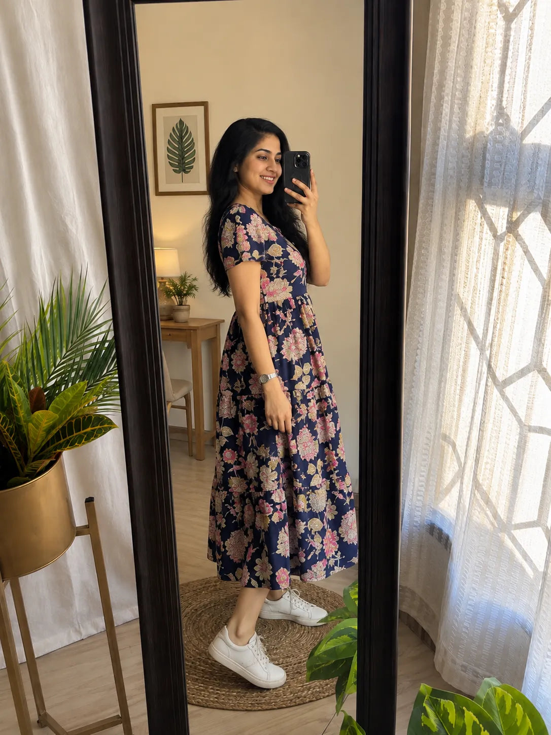 Yellow Floral Tiered Midi Dress for Women – Printed Cotton Dress with Puff Sleeves