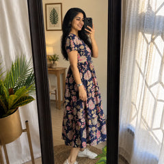 Yellow Floral Tiered Midi Dress for Women – Printed Cotton Dress with Puff Sleeves