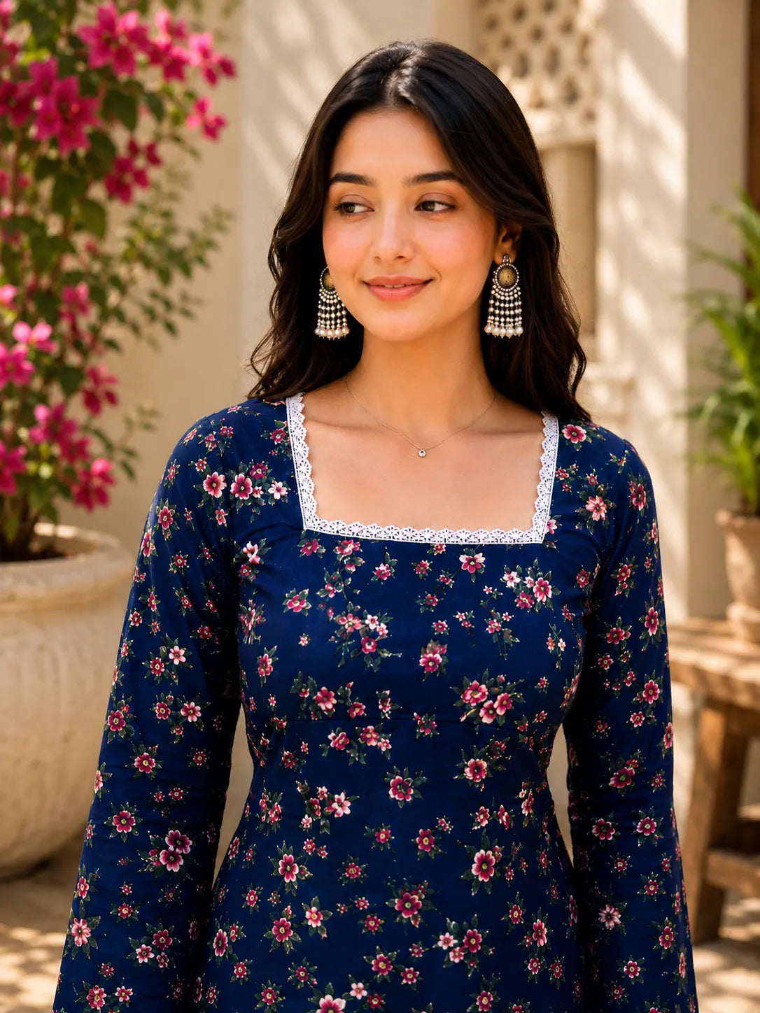 Women’s Printed Kurti with Square Neck & Lace Detail