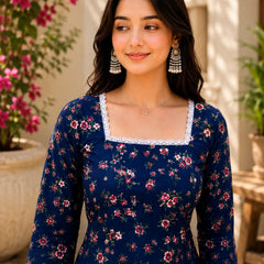 Women’s Printed Kurti with Square Neck & Lace Detail