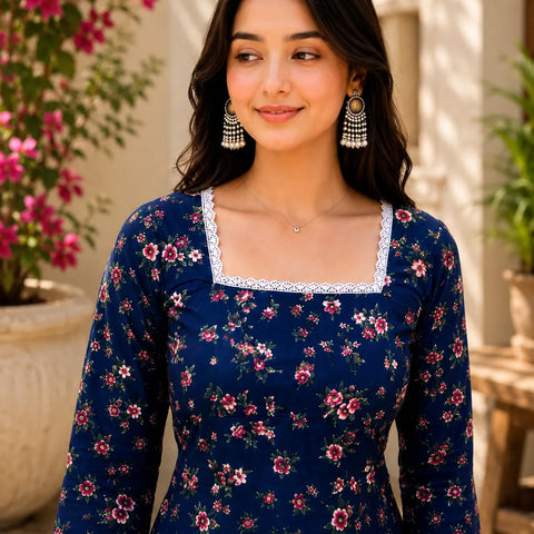 Women’s Printed Kurti with Square Neck & Lace Detail
